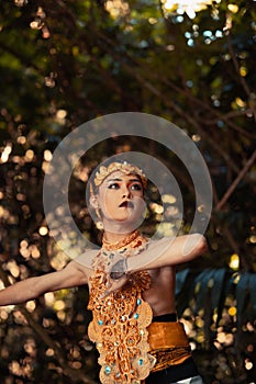 A Traditional dancer with golden clothes and a golden crown posing bravely in the jungle