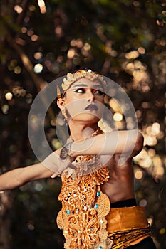 A Traditional dancer with golden clothes and a golden crown posing bravely in the jungle