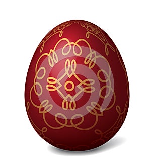 Traditional dark red Easter egg decorated yellow pattern. Vector illustration for your design