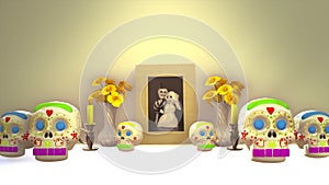 A traditional Day of the dead, Mexican ofrenda with a picture of skulls 3D illustration on a white table photo
