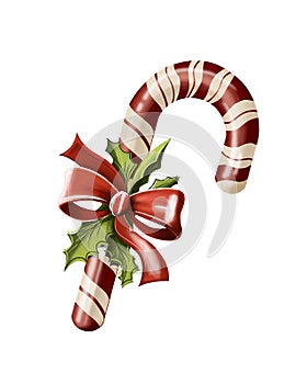 traditional decorated Christmas flying candy cane in red and white stripes on a white background. holiday christmas card. winter