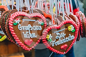 Traditional decorated Christmas gingerbread hearts on the Christmas market in Vienna.
