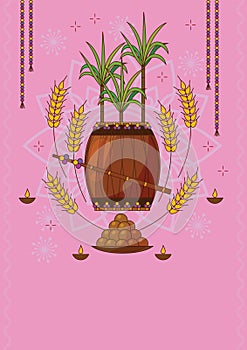 Traditional decorated drum and sugarcane. Lohri holiday background. Popular winter Punjabi folk festival Lohri. Traditional