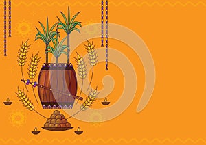 Traditional decorated drum and sugarcane. Lohri holiday background. Popular winter Punjabi folk festival Lohri. Traditional