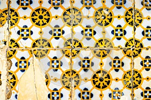 Traditional decoration of the facade of the house in Porto. Typical Portuguese and Spanish ceramic tiles azulejos