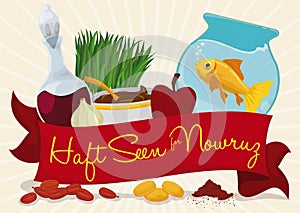 Traditional Decorative Elements for Haft-seen Tabletop in Nowruz, Vector Illustration photo