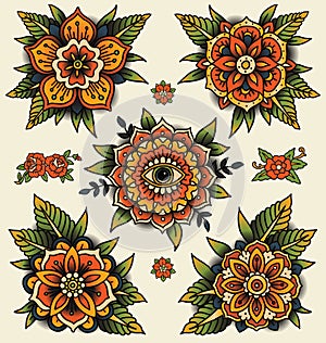 Traditional decorative tattoo flowers. Set of isolated vector illustrations. photo