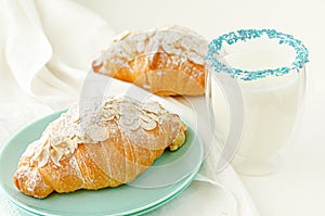 Traditional delicious breakfast concept. Croissant with powdered sugar and almond flakes, glass of fresh milk on white background