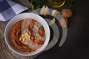 Traditional delicious Turkish appetizer, Muhammara, healthy walnut and roasted red bell pepper dip