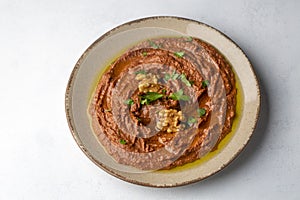 Traditional delicious Turkish appetizer, Muhammara, healthy walnut and roasted red bell pepper dip