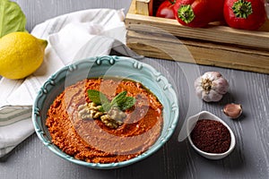 Traditional delicious Turkish appetizer, Muhammara, healthy walnut and roasted red bell pepper dip