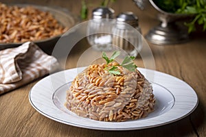 Traditional delicious Turkish dish, barley noodle pilaf Turkish name; Arpa sehriye pilavi