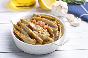 Traditional delicious Turkish food; Green beans with olive oil; Turkish name; Zeytinyagli taze fasulye photo