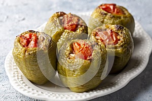 Traditional delicious Turkish food; stuffed bell peppers with meat Turkish name; Etli biber dolmasi