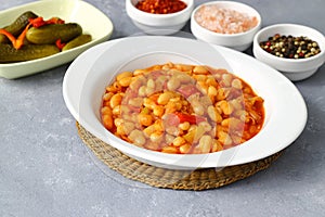 Traditional delicious Turkish foods Dried bean (Kuru fasulye). Hot turkish bean stew with a tasty tomato sauce