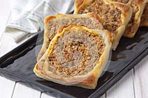 Traditional delicious Turkish foods; Kaytaz pastry with minced meat of Turkey Hatay - Antakya region Turkish name; Kaytaz boregi