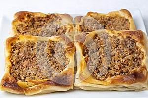 Traditional delicious Turkish foods; Kaytaz pastry with minced meat of Turkey Hatay - Antakya region Turkish name; Kaytaz boregi