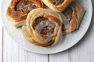 Traditional delicious Turkish foods Kaytaz pastry with minced meat of Turkey Hatay - Antakya region - Turkish name Kaytaz boregi