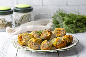 Traditional delicious Turkish - Greek cuisine, Turkish food; Stuffed zucchini flowers Turkish name; kabak cicegi dolmasi