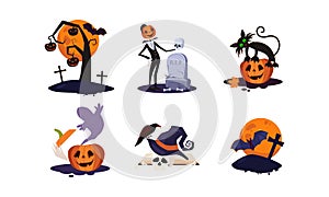 Traditional design elements of Halloween set, scary tree, pumpkin, moon, grave with tombstone, ghost, skull, with hat