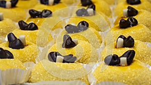 Traditional dessert of the town of Bergamo, Italy. Sweetened polenta and chocolate birds. Delicious cake