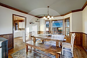 Traditional dining room accented with wood paneling.