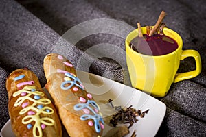 Traditional dish and drink Ecuador, called: Colada Morada and bread guaguas