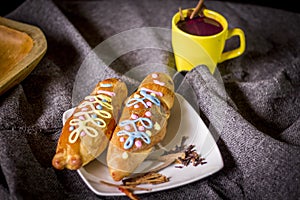 Traditional dish and drink Ecuador, called: Colada Morada and bread guaguas