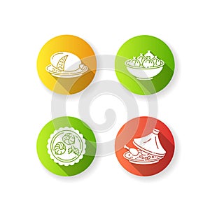 Traditional dish flat design long shadow glyph icons set