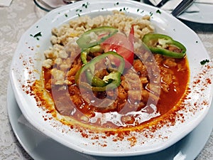 A traditional dish, Hungarian paprikash with noodles