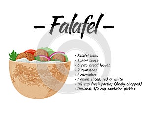 Traditional dish of Jewish cuisine Falafel pita sandwich. Vegetarian food recipe design template. Isolated on white