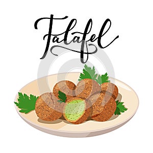 Traditional dish of Jewish cuisine Falafel. Vegetarian food on beige plate. Black ink hand lettering. Isolated on white