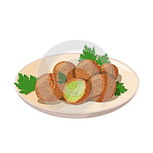 Traditional dish of Jewish cuisine Falafel. Vegetarian food on beige plate. Isolated on white background.