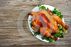 Traditional dish turkey on the holiday table. Festive dinner for Thanksgiving or Christmas.