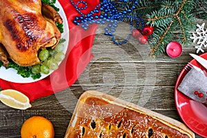 Traditional dish turkey on the holiday table. Festive dinner for Thanksgiving or Christmas
