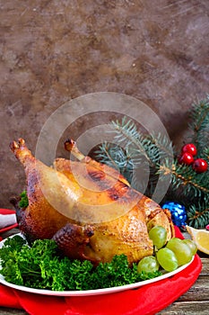 Traditional dish turkey on the holiday table. Festive dinner for Thanksgiving or Christmas