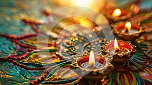 Traditional Diyas Lit on A Vibrant Sun Design Surface. Happy diwali celebration. Deepavali Hindu festival of lights.