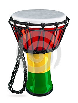 Traditional djembe hand drum african culture percussion instrument in colorful red yellow green ghana flag colors isolated white