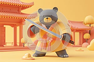 A traditional dojo scene with a bear practicing katana moves, its size and skill discombobulating onlookers, blending strength and