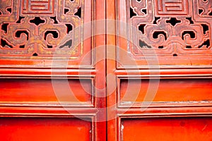 Traditional door at Den ngoc son temple in Hanoi, Vietnam