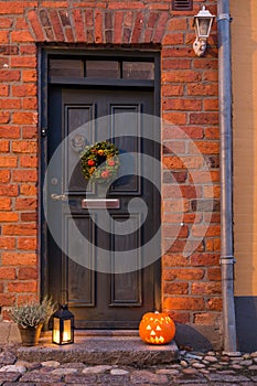 Traditional door with halloween decorations