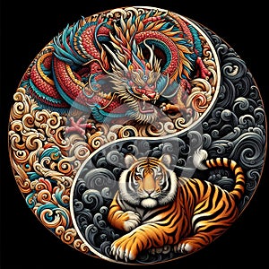 A traditional dragon and tiger in yin yang symbol, dark background
