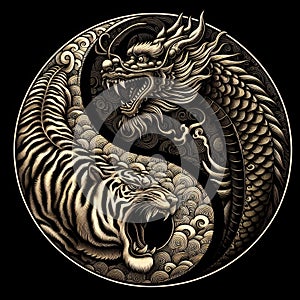 A traditional dragon and tiger in yin yang symbol, dark background