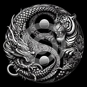 A traditional dragon and tiger in yin yang symbol, dark background