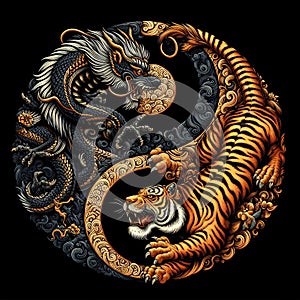 A traditional dragon and tiger in yin yang symbol, dark background