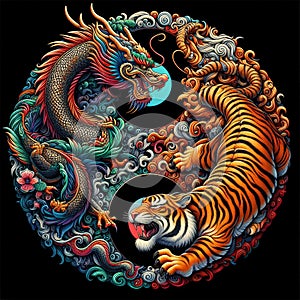 A traditional dragon and tiger in yin yang symbol, dark background