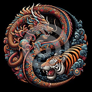 A traditional dragon and tiger in yin yang symbol, dark background