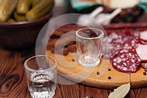 Traditional drink vodka in glasses, with a snack in the form of cold cuts and bacon, cucumbers, preservation. Russian festive