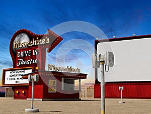 Traditional drive-in movie theater cinema at dusk
