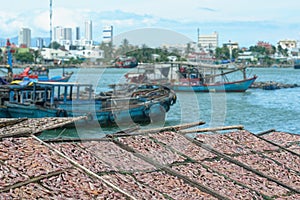 Traditional drying of salted fish on racks against the background of fishing boats and city of Nha Trang, Vietnam.